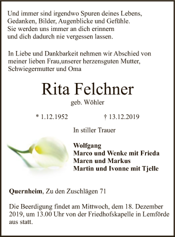 Traueranzeige von Rita Felchner von SYK