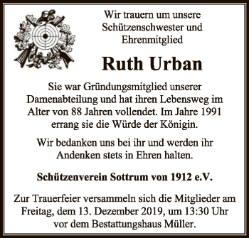 Traueranzeige von Ruth Urban von SYK