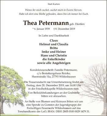 Traueranzeige von Thea Petermann von SYK