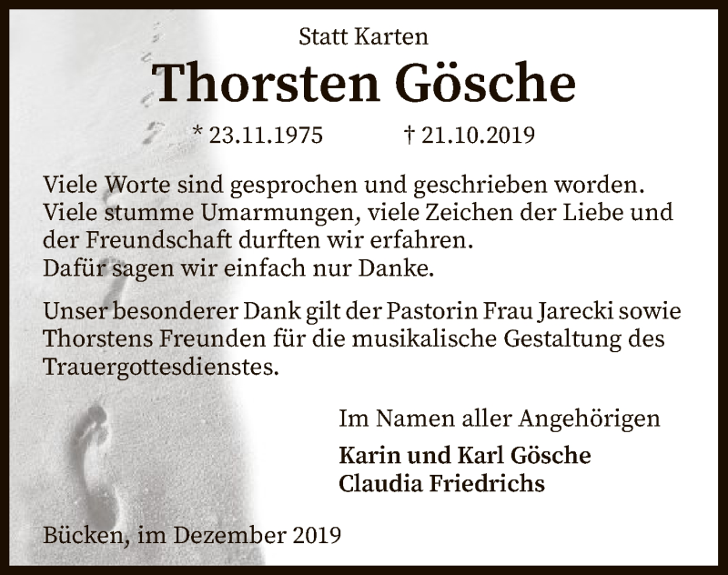  Traueranzeige für Thorsten Gösche vom 07.12.2019 aus SYK