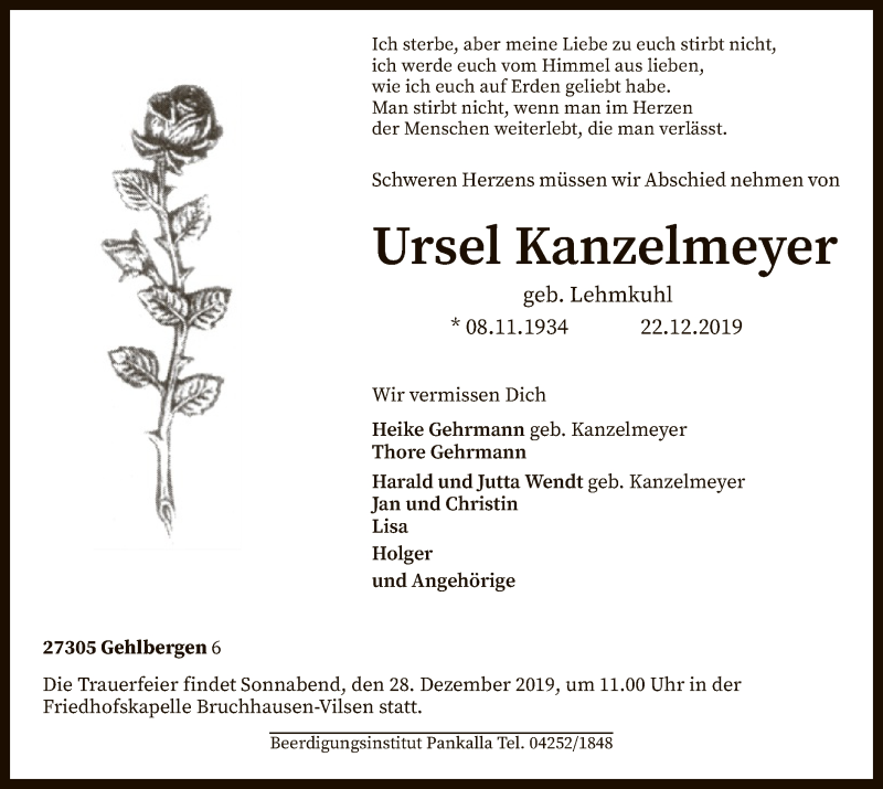  Traueranzeige für Ursel Kanzelmeyer vom 24.12.2019 aus SYK