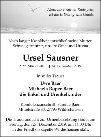 Traueranzeige von Ursel Sausner von SYK