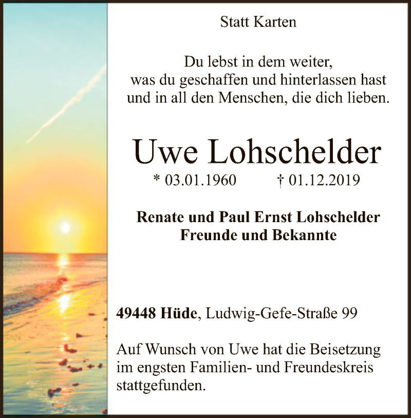  Traueranzeige für Uwe Lohschelder vom 14.12.2019 aus SYK