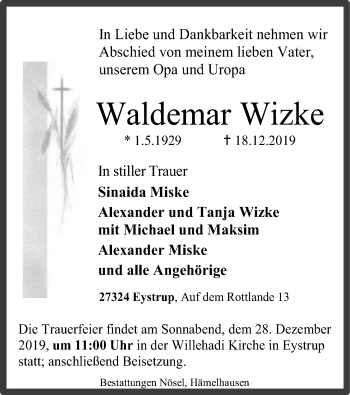 Traueranzeige von Waldemar Wizke von SYK