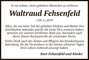 Traueranzeige von Waltraud Fehsenfeld von SYK