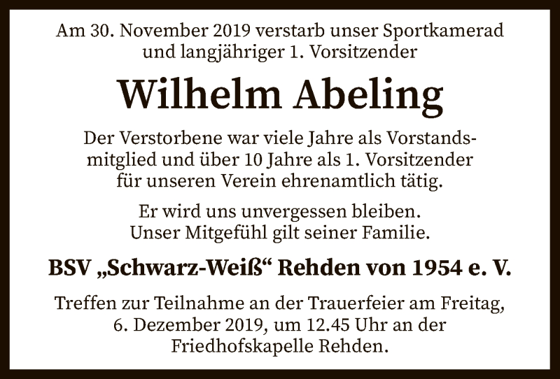  Traueranzeige für Wilhelm Abeling vom 04.12.2019 aus SYK
