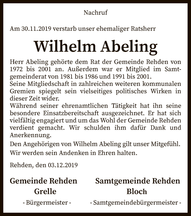  Traueranzeige für Wilhelm Abeling vom 04.12.2019 aus SYK