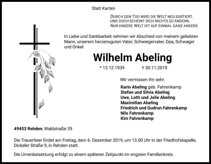  Traueranzeige für Wilhelm Abeling vom 03.12.2019 aus SYK