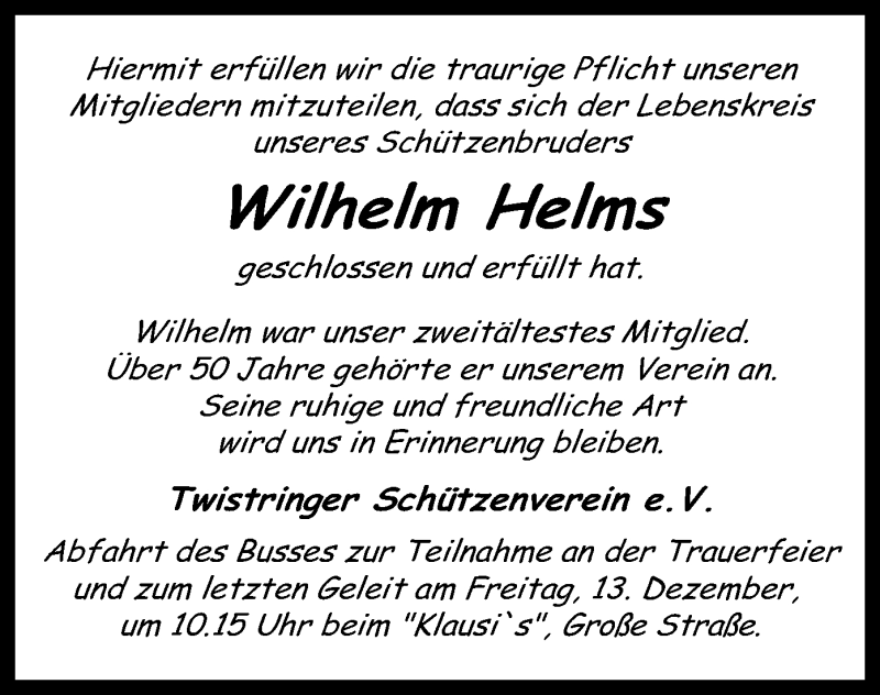  Traueranzeige für Wilhelm Helms vom 12.12.2019 aus SYK