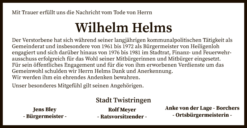  Traueranzeige für Wilhelm Helms vom 11.12.2019 aus SYK