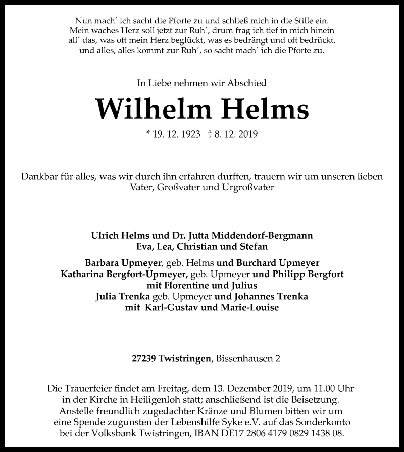  Traueranzeige für Wilhelm Helms vom 11.12.2019 aus SYK