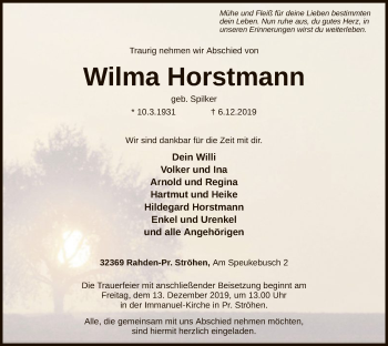 Traueranzeige von Wilma Horstmann von SYK