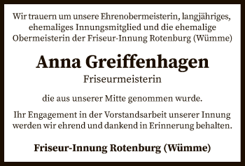 Traueranzeige von Anna Greiffenhagen von SYK