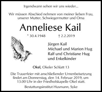 Traueranzeige von Anneliese Kail von SYK