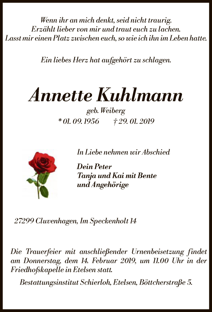  Traueranzeige für Annette Kuhlmann vom 09.02.2019 aus SYK