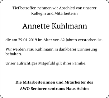 Traueranzeige von Annette Kuhlmann von SYK