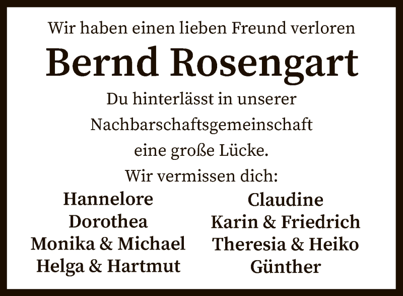  Traueranzeige für Bernd Rosengart vom 02.02.2019 aus SYK