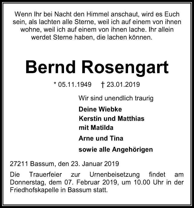  Traueranzeige für Bernd Rosengart vom 02.02.2019 aus SYK