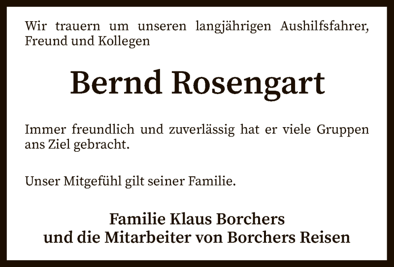  Traueranzeige für Bernd Rosengart vom 02.02.2019 aus SYK