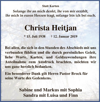 Traueranzeige von Christa Heitjan von SYK