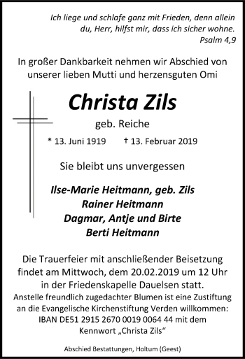 Traueranzeige von Christa Zils von SYK