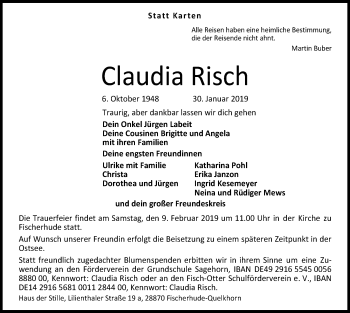 Traueranzeige von Claudia Risch von SYK