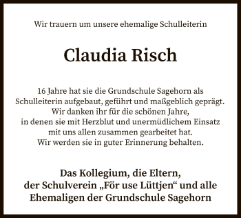 Traueranzeige von Claudia Risch von SYK