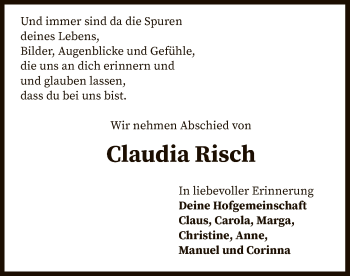 Traueranzeige von Claudia Risch von SYK