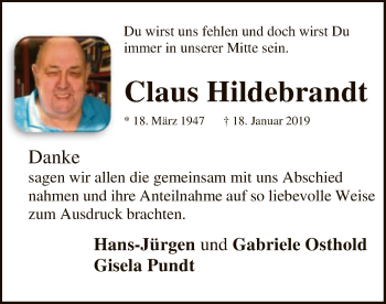 Traueranzeige von Claus Hildebrandt von SYK
