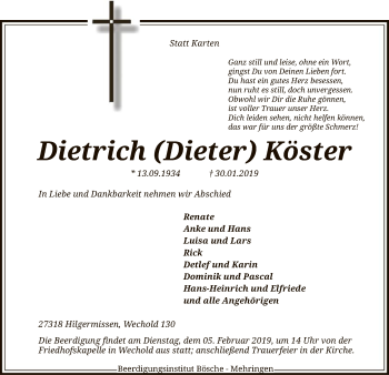 Traueranzeige von Dietrich Köster von SYK