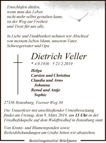 Traueranzeige von Dietrich Veller von SYK