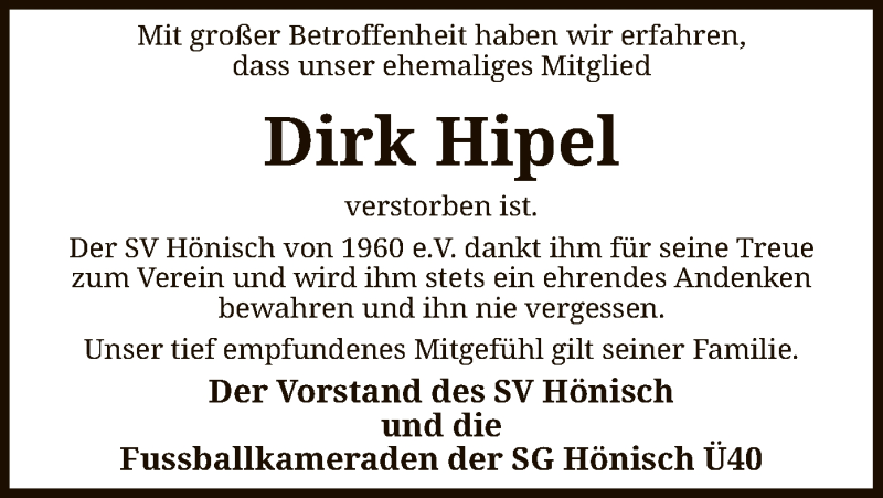  Traueranzeige für Dirk Hipel vom 27.02.2019 aus SYK