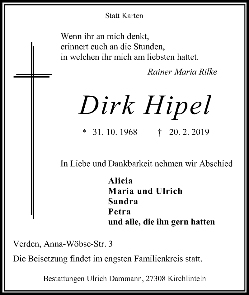  Traueranzeige für Dirk Hipel vom 27.02.2019 aus SYK