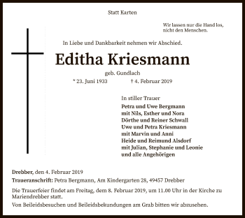 Traueranzeige von Editha Kriesmann von SYK