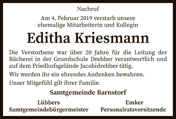 Traueranzeige von Editha Kriesmann von SYK