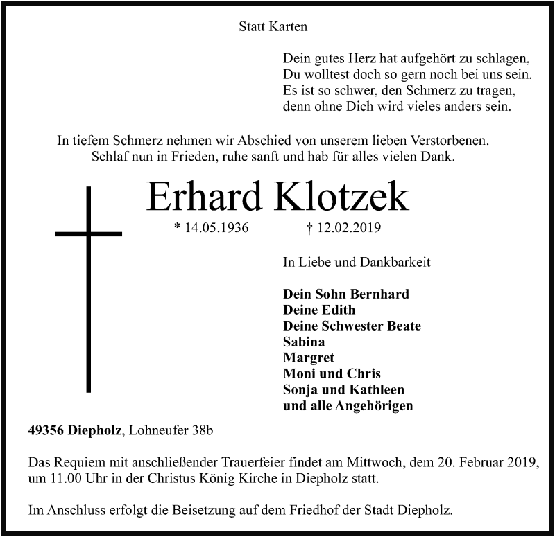  Traueranzeige für Erhard Klotzek vom 14.02.2019 aus SYK