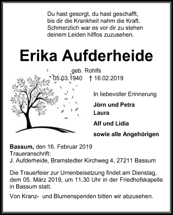 Traueranzeige von Erika Aufderheide von SYK