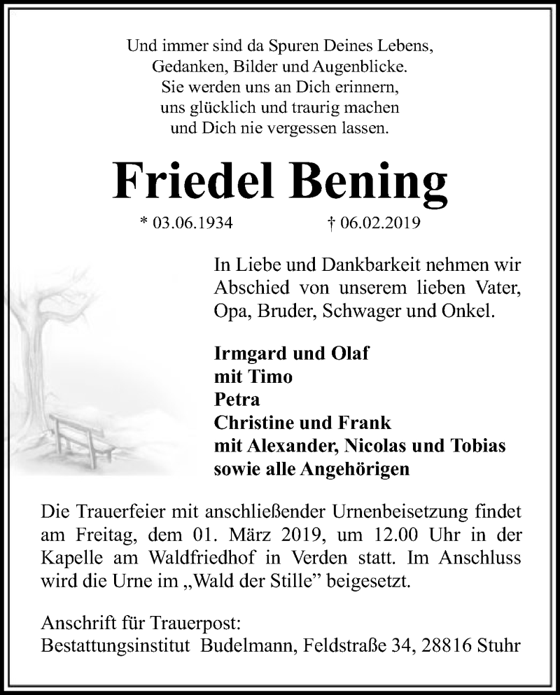  Traueranzeige für Friedel Bening vom 23.02.2019 aus SYK