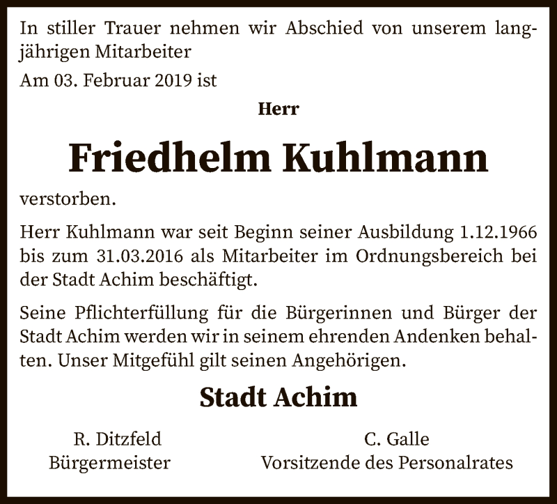  Traueranzeige für Friedhelm Kuhlmann vom 09.02.2019 aus SYK