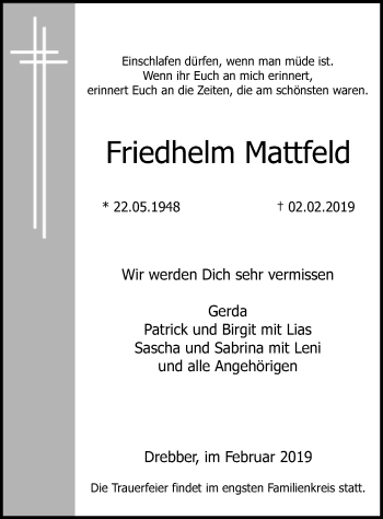 Traueranzeige von Friedhelm Mattfeld von SYK