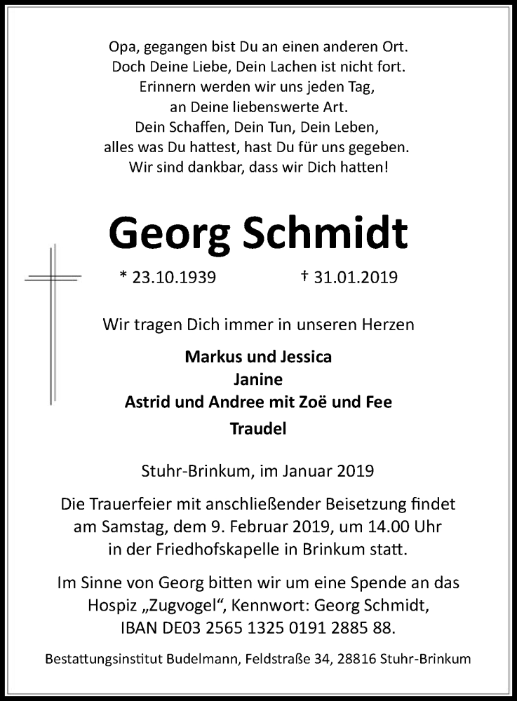  Traueranzeige für Georg Schmidt vom 05.02.2019 aus SYK