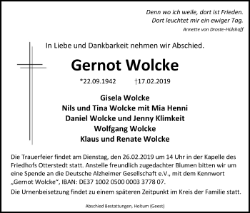 Traueranzeige von Gernot Wolcke von SYK