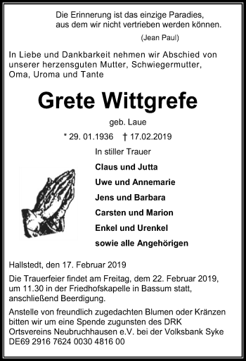 Traueranzeige von Grete Wittgrefe von SYK