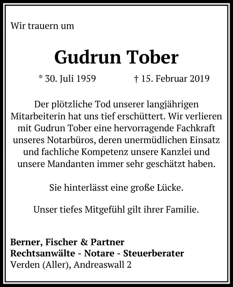  Traueranzeige für Gudrun Tober vom 22.02.2019 aus SYK