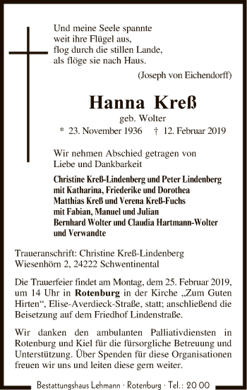 Traueranzeige von Hanna Kreß von SYK