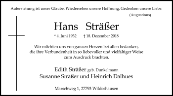 Traueranzeige von Hans Sträßer von SYK