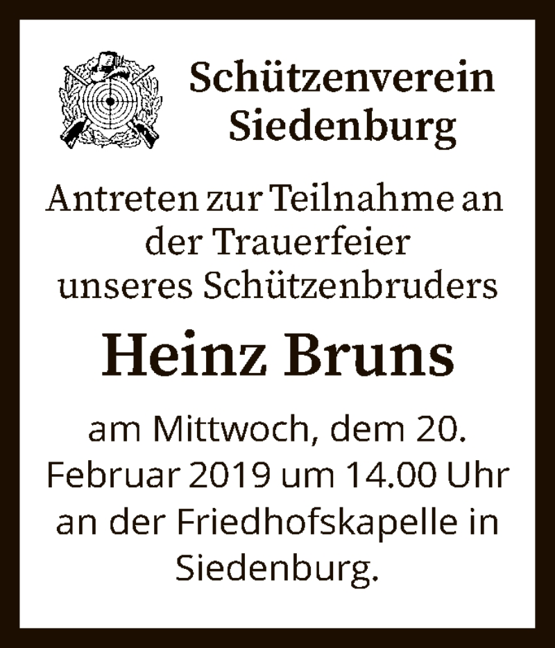  Traueranzeige für Heinz Bruns vom 19.02.2019 aus SYK