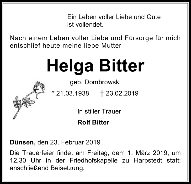  Traueranzeige für Helga Bitter vom 26.02.2019 aus SYK