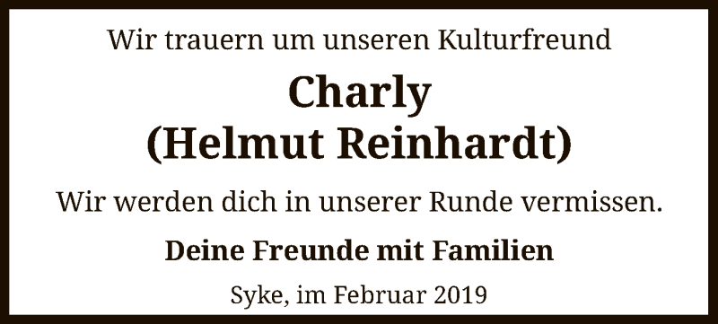  Traueranzeige für Helmut Reinhardt vom 26.02.2019 aus SYK