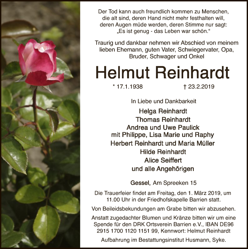  Traueranzeige für Helmut Reinhardt vom 26.02.2019 aus SYK